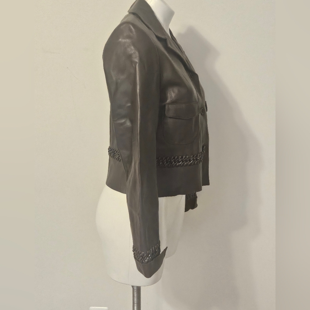Carlisle brown leather jacket with distinctive whipstitch and chain details - Picture 5 of 8